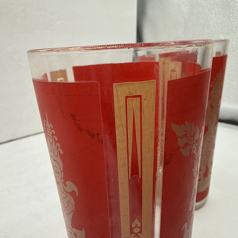 Vntg 1960's Culvers Red & Gold Siam Thai Goddess 4 High Ball Glasses‎ 6.25